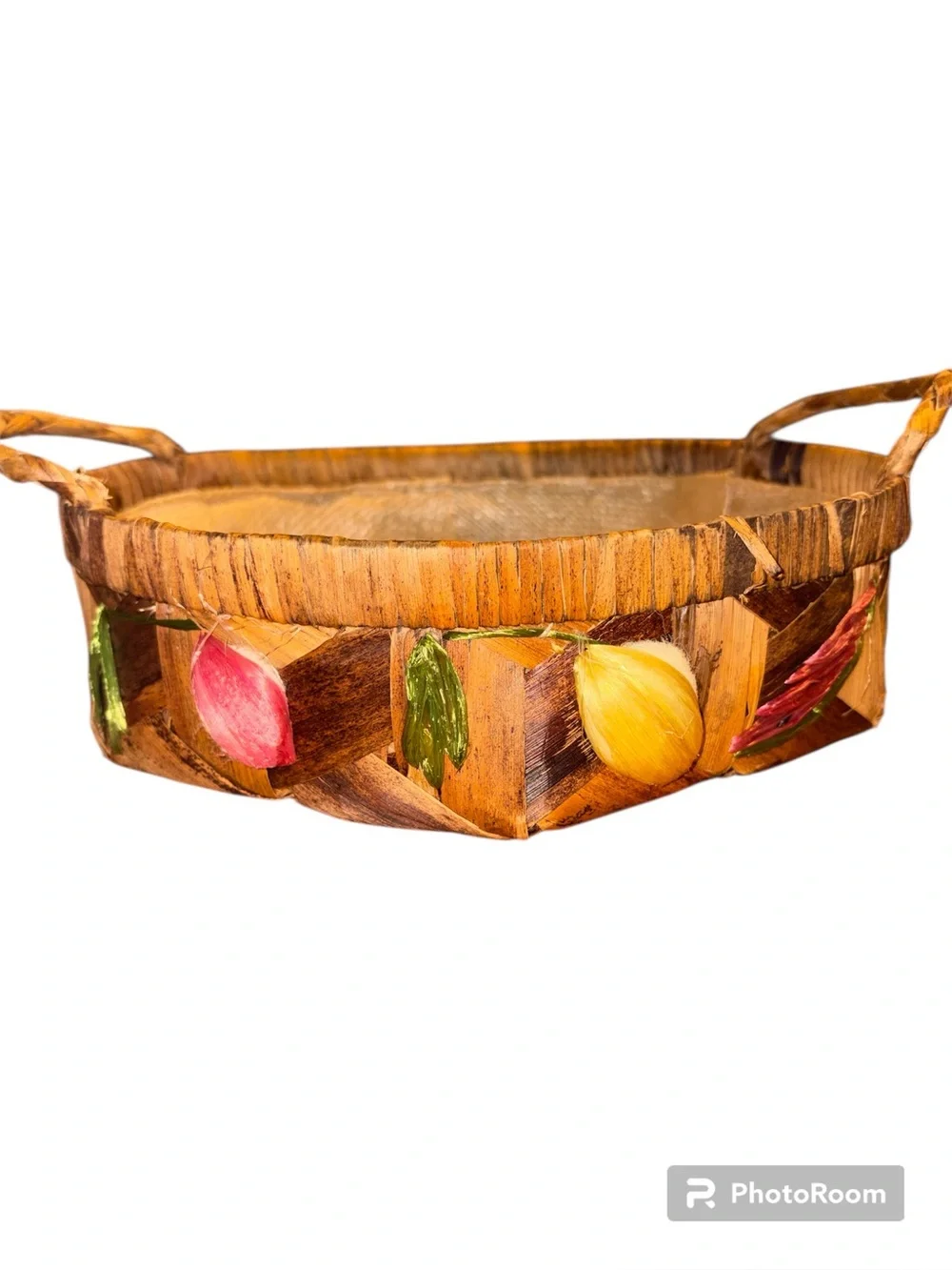 Vintage Woven Straw Basket with 3D Raffia Tulip Flowers Boho Cottagecore 70s